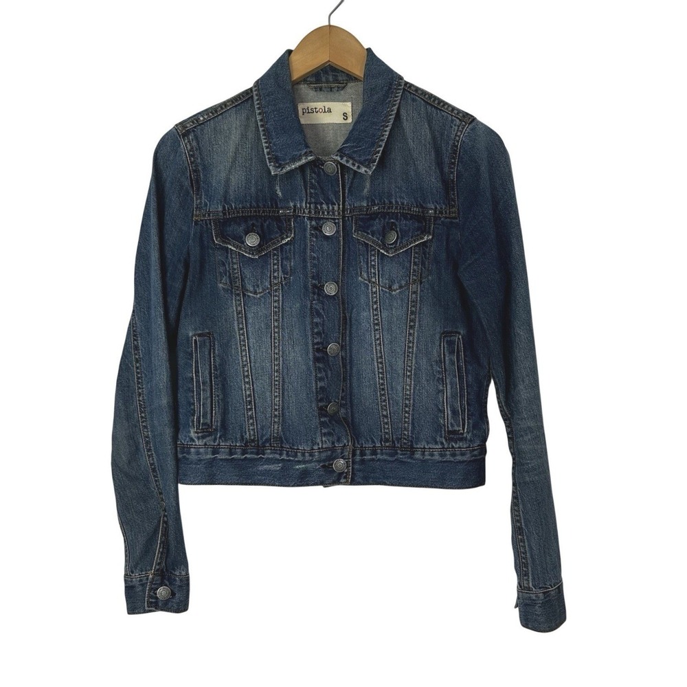 Pistola Jean Trucker Jacket Small Denim Distressed‎ Blue Grunge Hipster Cropped